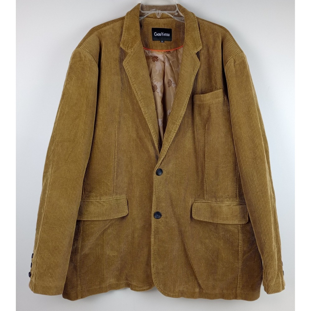 ChouYatou Mens 2XL Caramel Brown Leaf Satin Lining Long Sleeve Corduroy Jacket